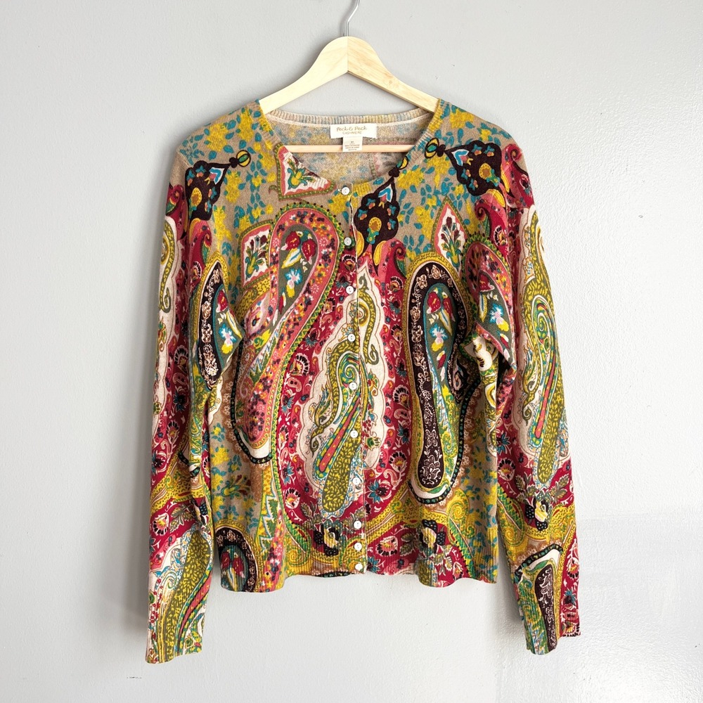Peck & Peck 2 Ply Cashmere Paisley Cardigan Sweater Button Front Colorful XL